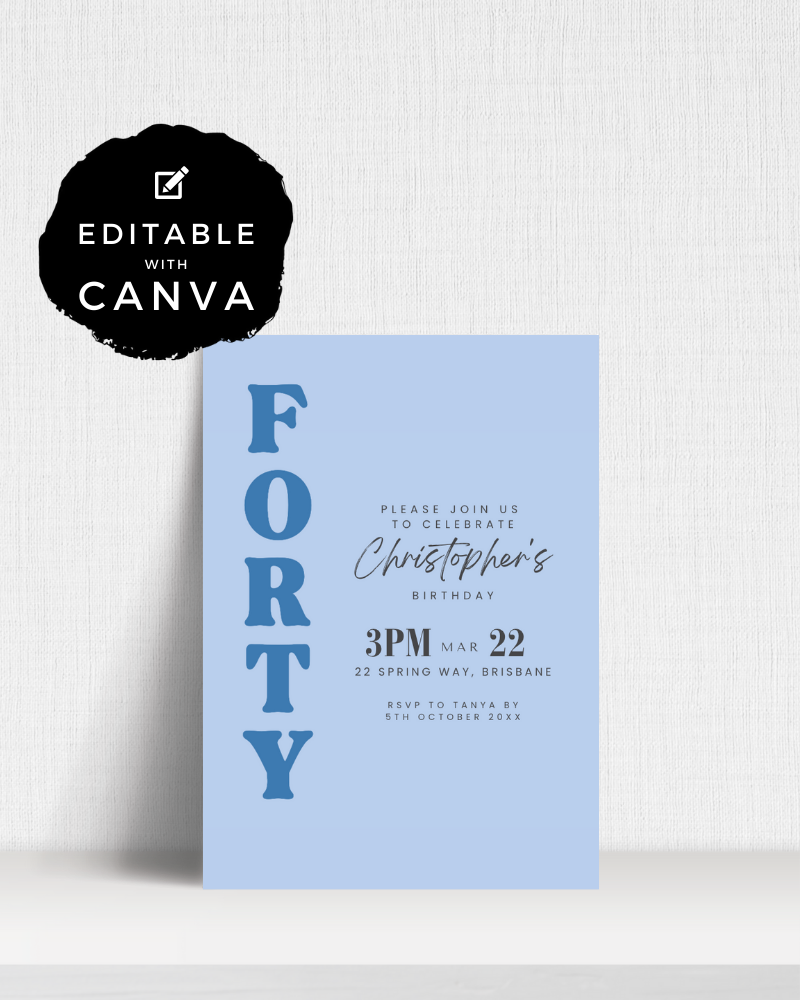 A blue invitation card celebrating Christopher's 40th birthday with editable details.