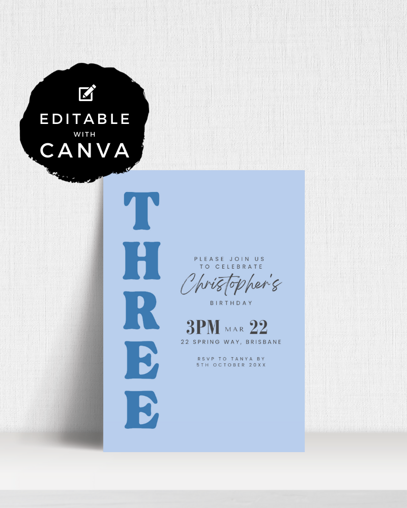 A blue invitation featuring bold text for a birthday celebration, with details for location and RSVP.