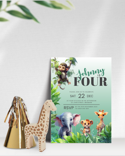 A playful invitation featuring a monkey, elephant, and giraffe, surrounded by lush greenery and festive elements.