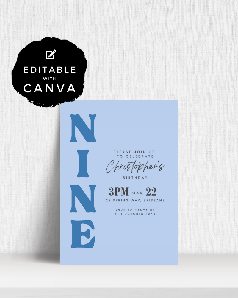 Light blue invitation featuring large text for a birthday celebration, with details in a modern font.