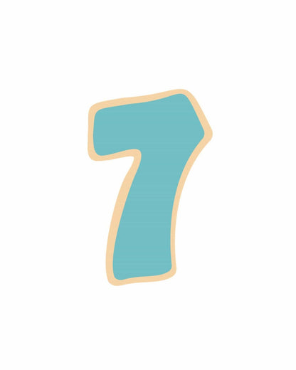 A large, playful number seven in teal with a light beige outline on a clean white background.