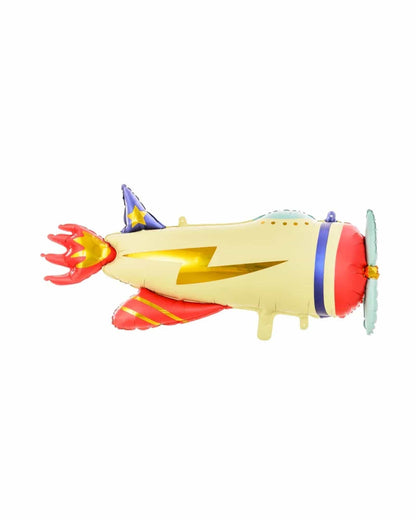 Colorful inflatable aircraft with a lightning bolt design, vibrant flames, and star-shaped accents.