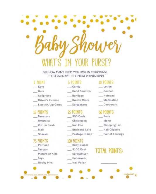 Game sheet for a baby shower activity with gold polka dots and a list of items to find in purses for points.