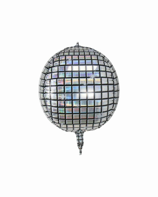 Reflective sphere with a grid pattern, shimmering in light, creating a festive and vibrant atmosphere.