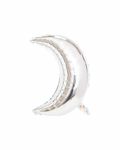 Shiny silver crescent shape with a smooth surface, reflecting light against a plain white background.