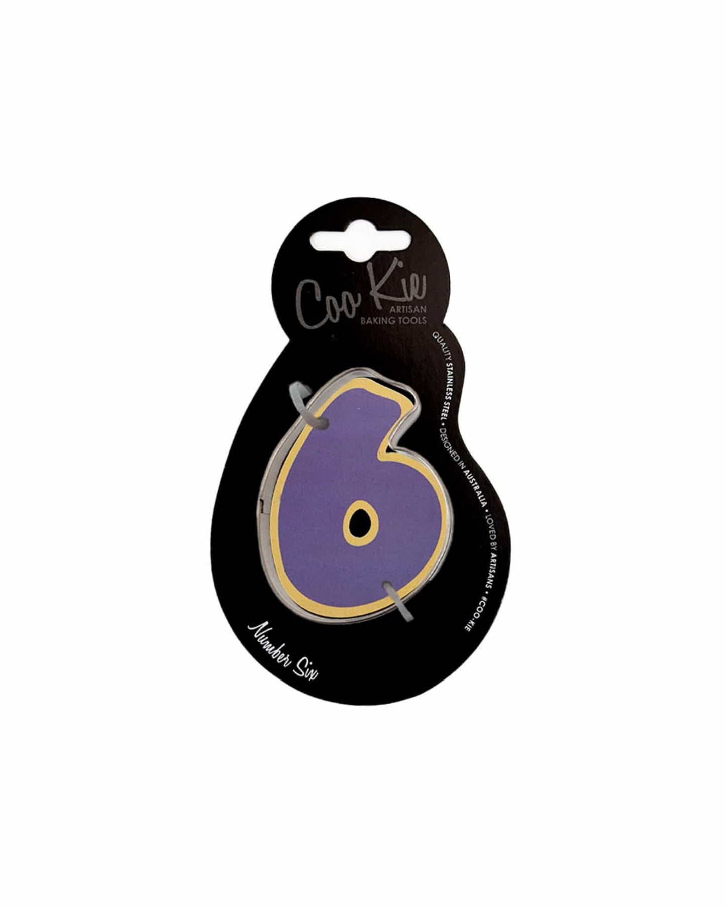 Purple number six with a golden outline on a black backing, showcasing playful and vibrant aesthetics.