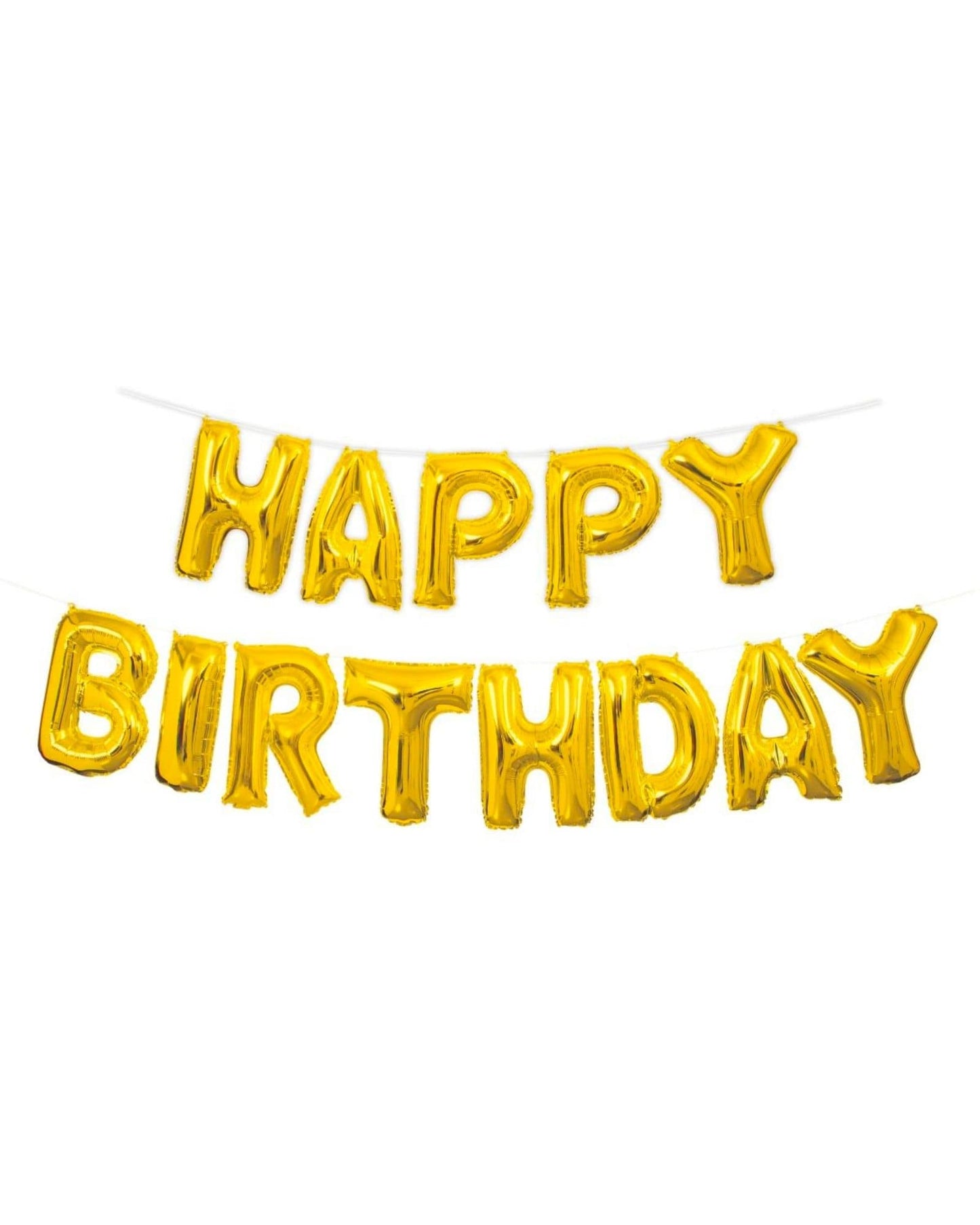 Bright yellow balloon letters spell out "HAPPY BIRTHDAY," strung together against a white background.