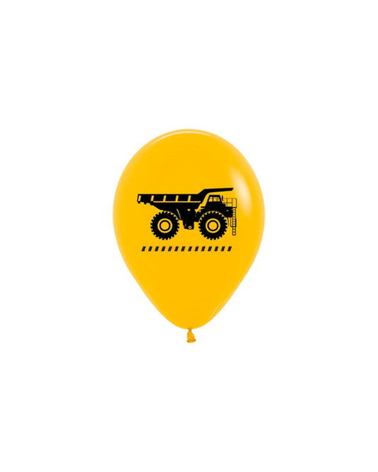 Yellow balloon featuring a black graphic of a dump truck with large wheels and a striped border at the bottom.