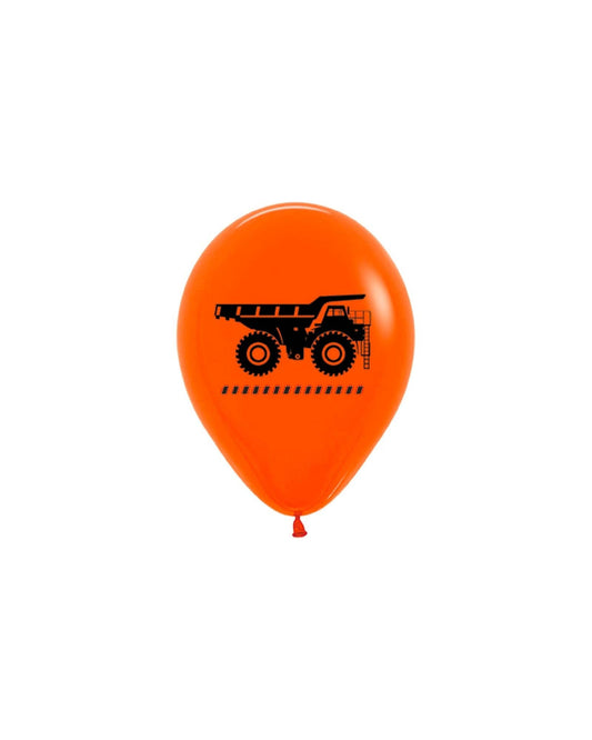 Bright orange balloon featuring a black silhouette of a dump truck, ideal for construction-themed celebrations.