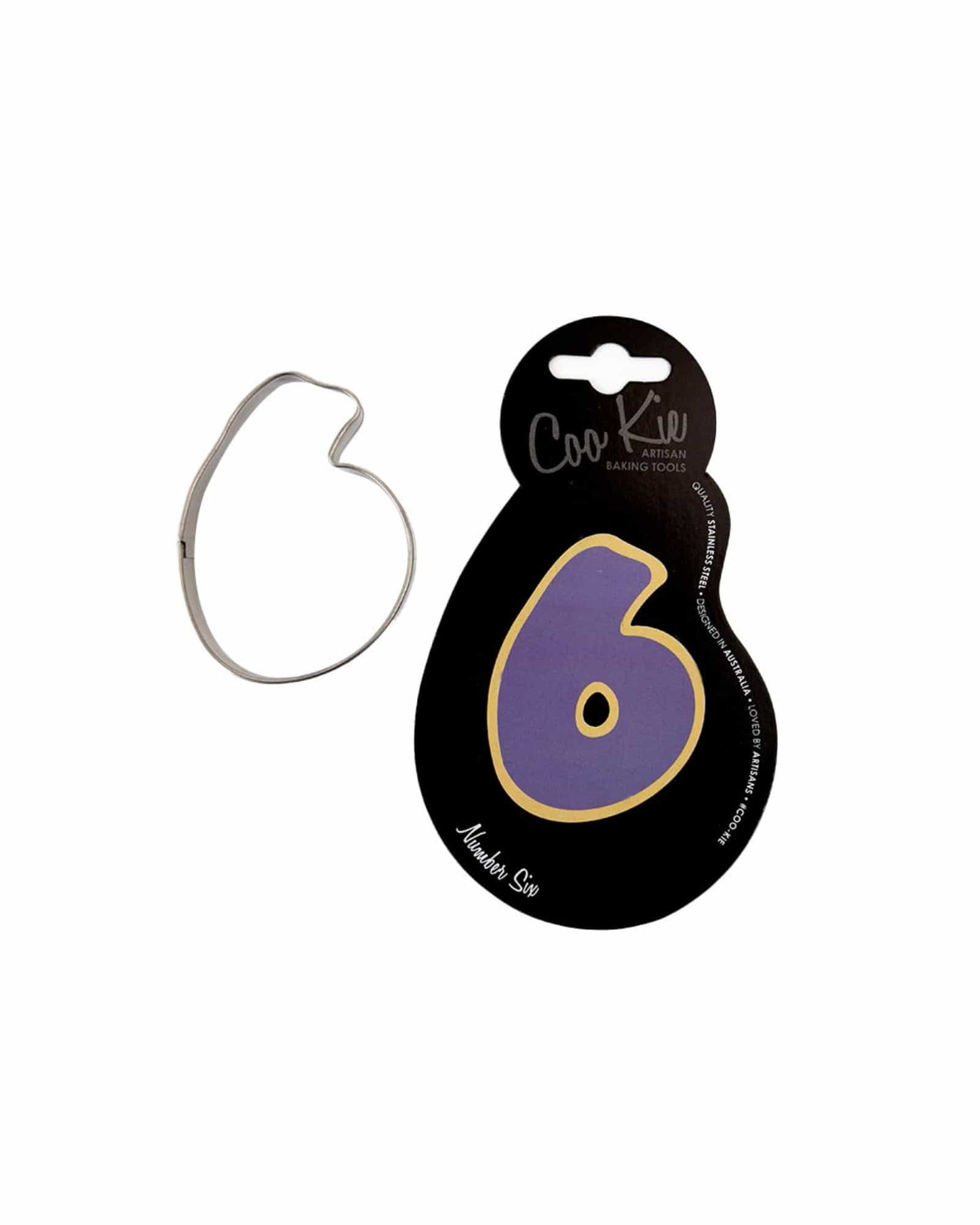 Silver number six shaped cutter next to a vibrant black and purple packaging featuring playful lettering.