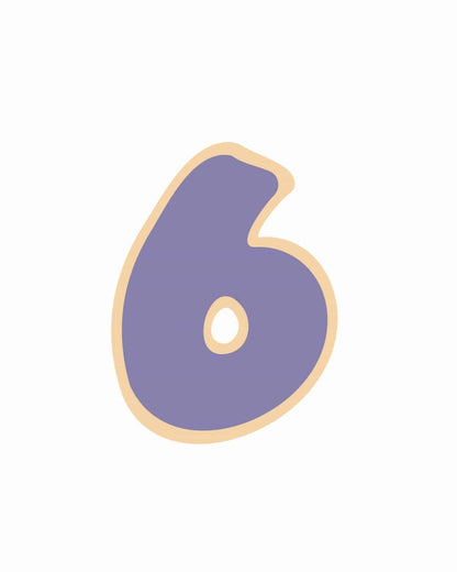 A large, stylized number six in purple with a cream outline, set against a clean white background.