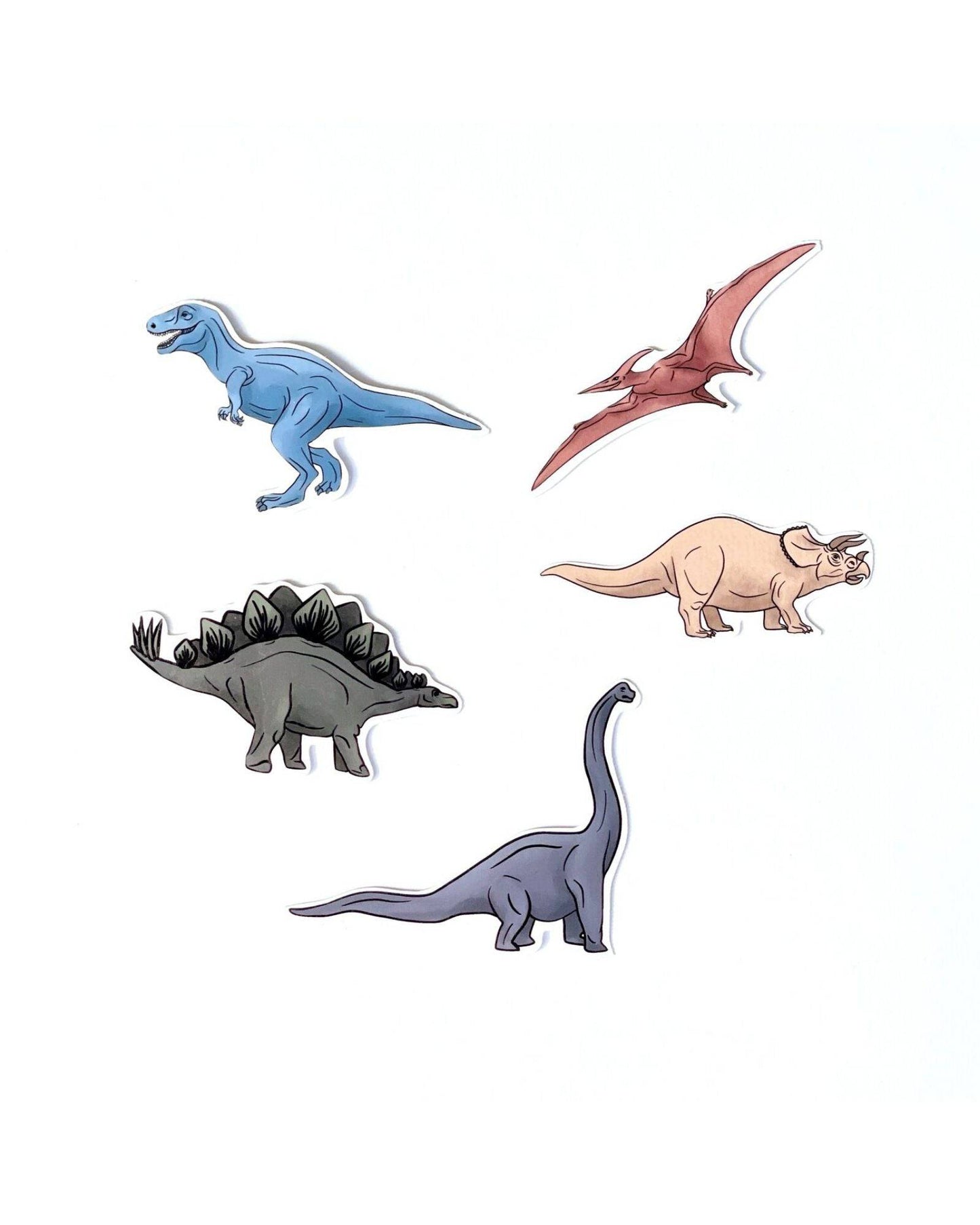 Colorful dinosaur illustrations featuring a T-Rex, pterosaur, stegosaurus, triceratops, and brontosaurus against a white back