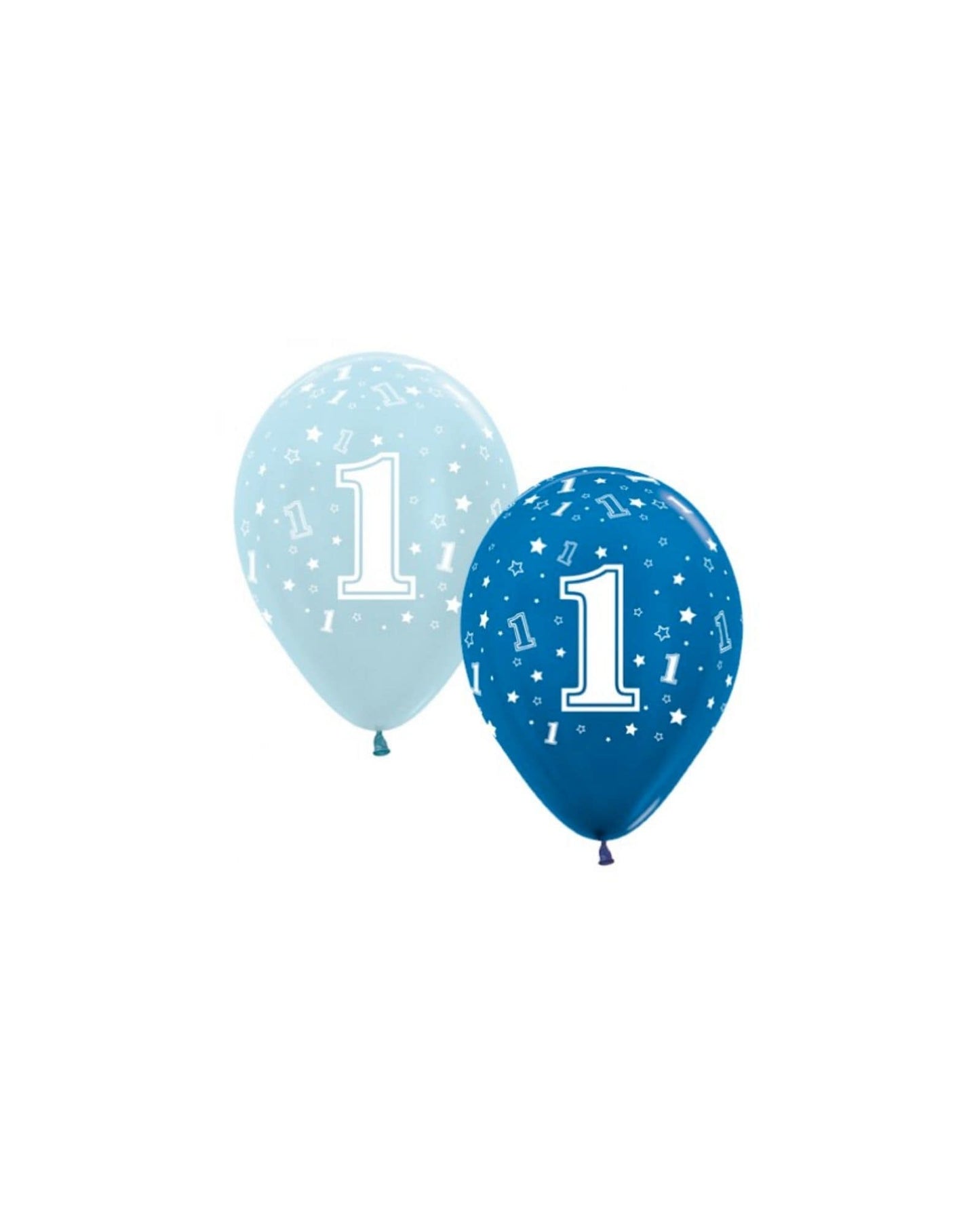 Two balloons, one light blue and one dark blue, both featuring the number "1" and star patterns, against a white background.