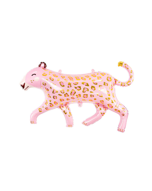 A playful pink figure resembling a leopard, adorned with golden spots and a cheerful expression, in a walking pose.