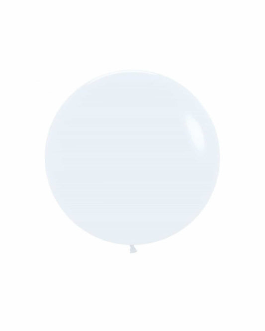 A large, round, pale blue balloon floats against a white background, reflecting light subtly.