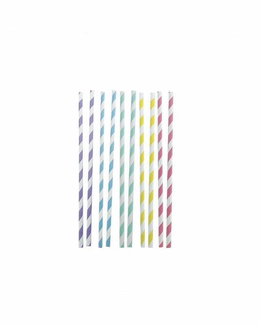 Colorful, striped straws in shades of purple, blue, green, yellow, and pink arranged vertically against a white background.