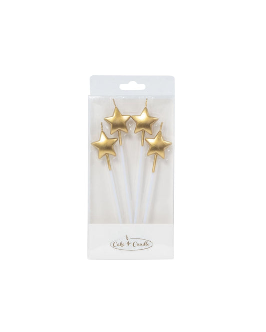 Four shiny gold star-shaped candles with clear holders, packaged in a simple, elegant display.