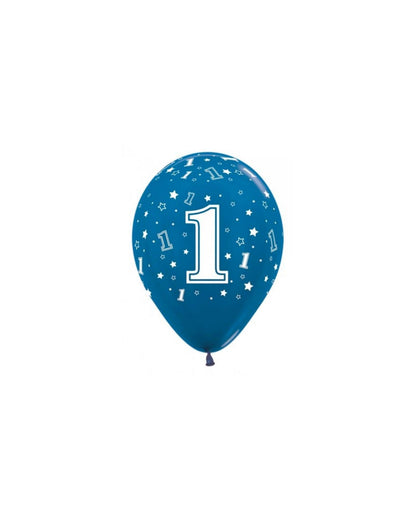 Blue balloon featuring the number one, adorned with stars and smaller numbers, perfect for celebrations.