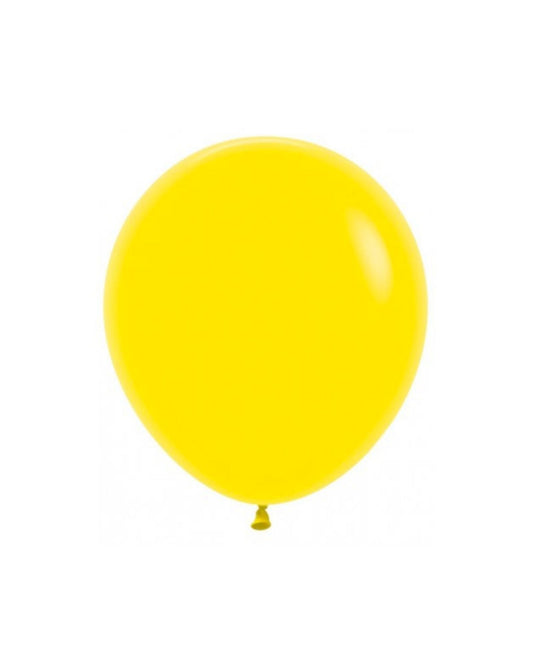 Bright yellow balloon against a plain white background, showcasing its glossy surface and rounded shape.