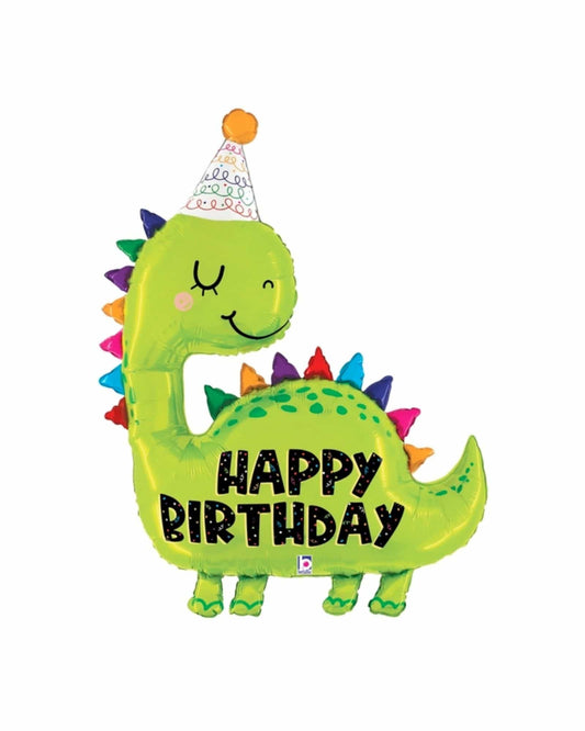 Bright green dinosaur with a party hat and colorful spikes, featuring the text "HAPPY BIRTHDAY" in bold letters.