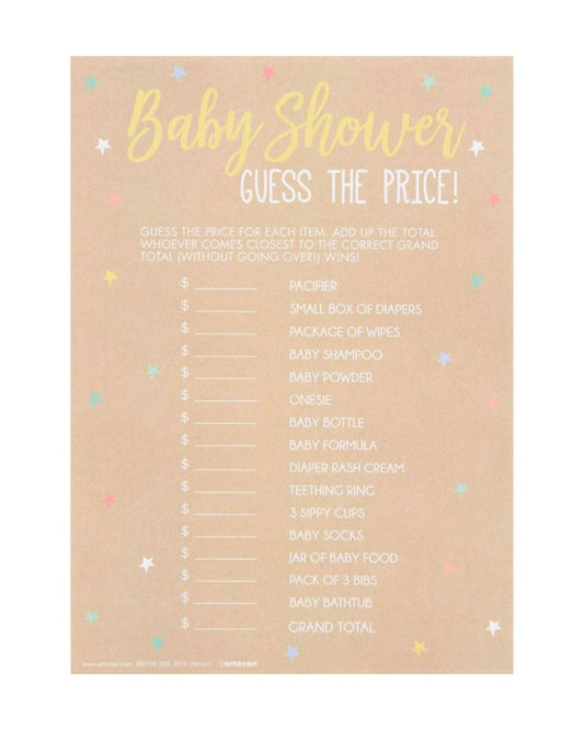 A playful baby shower game sheet with colorful stars, asking guests to guess prices of various baby items.