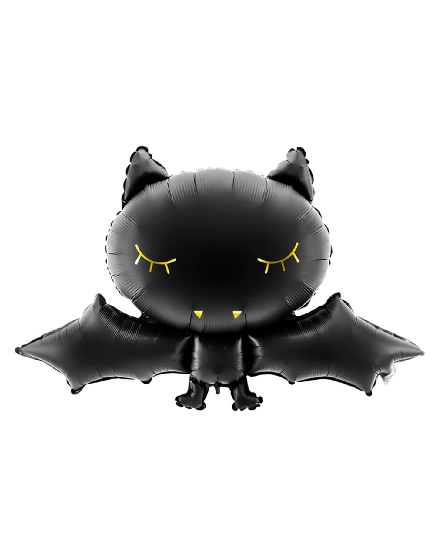 A playful black bat balloon with yellow accents, featuring closed eyes and outstretched wings, against a white background.