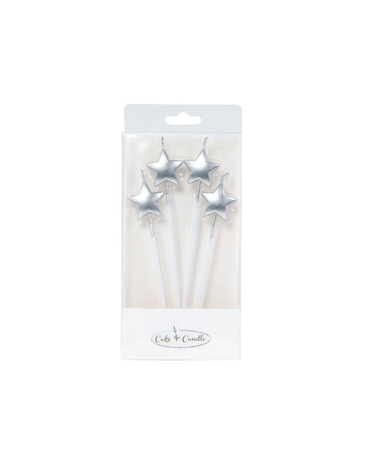 Five silver star-shaped decorations on clear sticks, packaged in a transparent box for festive occasions.