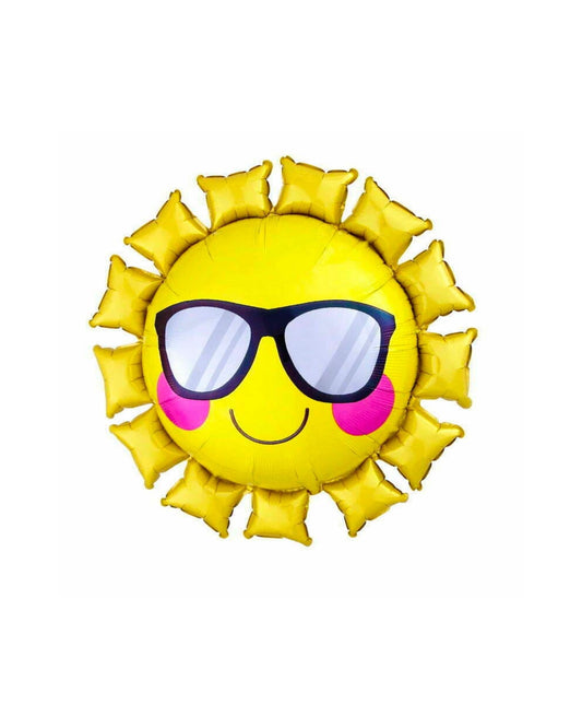 A cheerful yellow sun with sunglasses and rosy cheeks, surrounded by bright, playful rays.