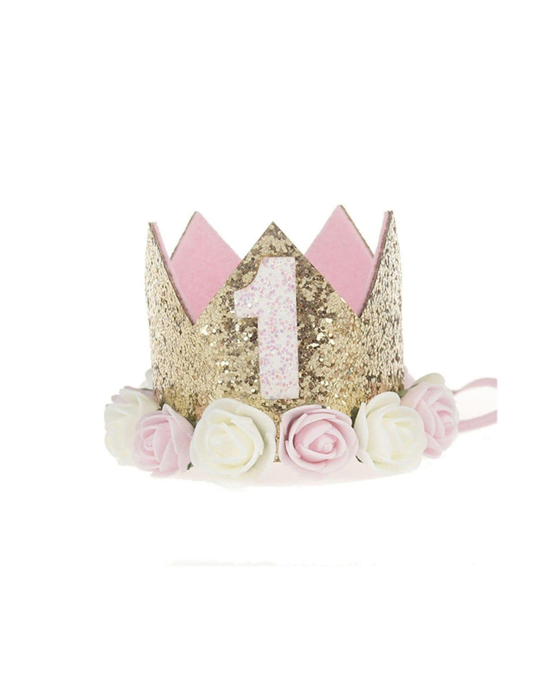1st Birthday Gold, Pink & White Crown Hat