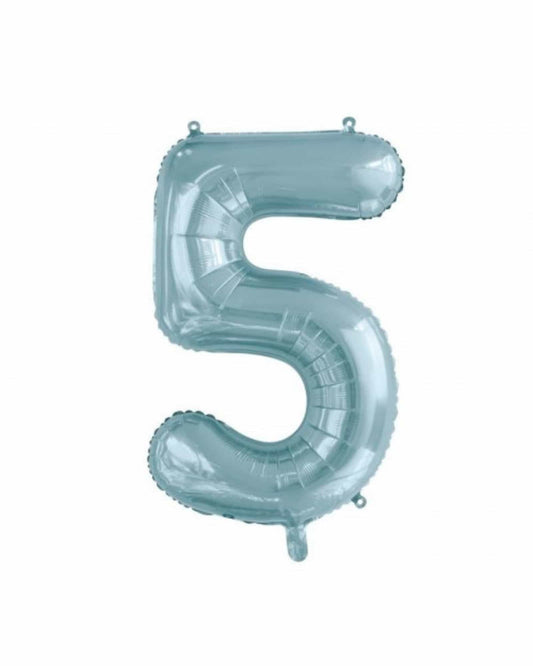 A large, shiny, teal number five balloon with a glossy finish and distinctive rounded edges.