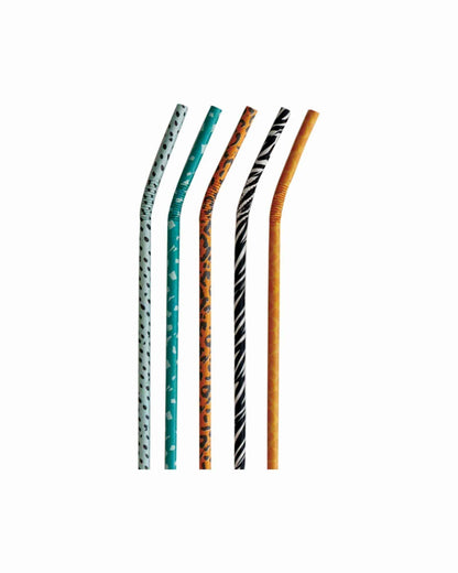 Colorful, patterned straws in various designs, including polka dots, animal prints, and vibrant colors, arranged vertically.