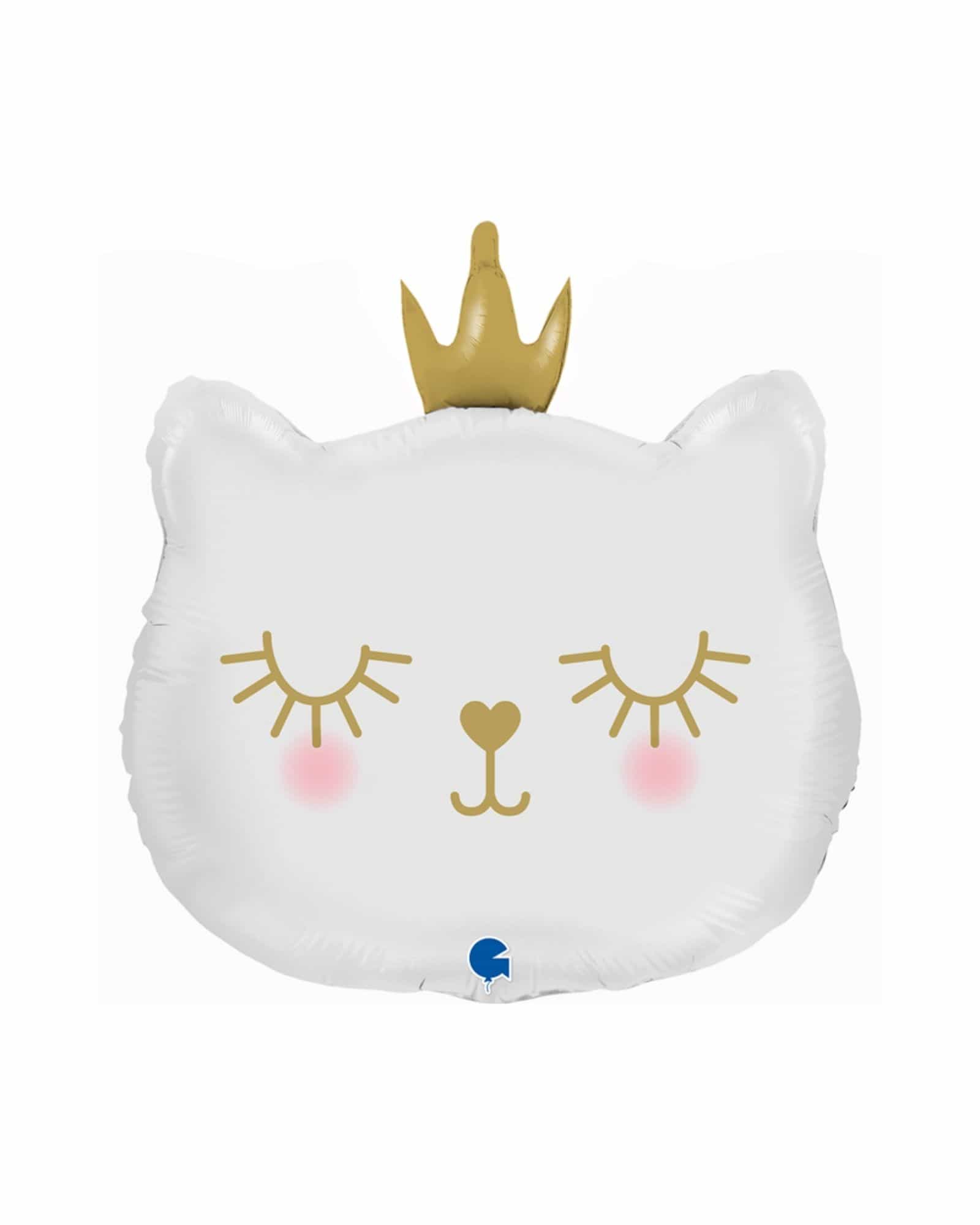 A whimsical white cat face with closed eyes, rosy cheeks, and a golden crown on top.