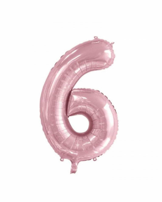 Shiny rose gold number six balloon with a glossy finish and curved shape, perfect for celebrations.