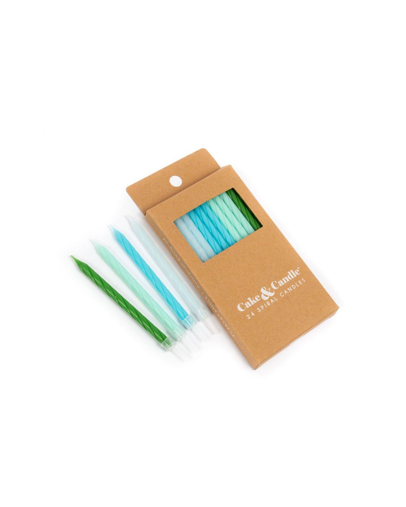 A set of 24 colorful spiral candles in shades of blue and green, packaged in a simple cardboard box.