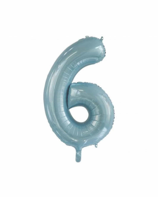 Shiny blue numeral six with a glossy finish, featuring rounded edges and a hanging tab at the top.