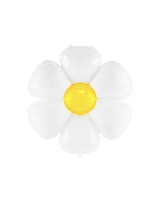 A large, glossy white flower with rounded petals and a bright yellow center, set against a plain background.