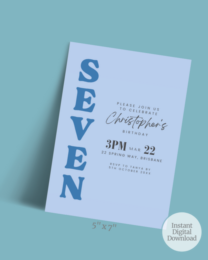 Birthday invitation featuring bold blue text on a light blue background, detailing time and location for a celebration.