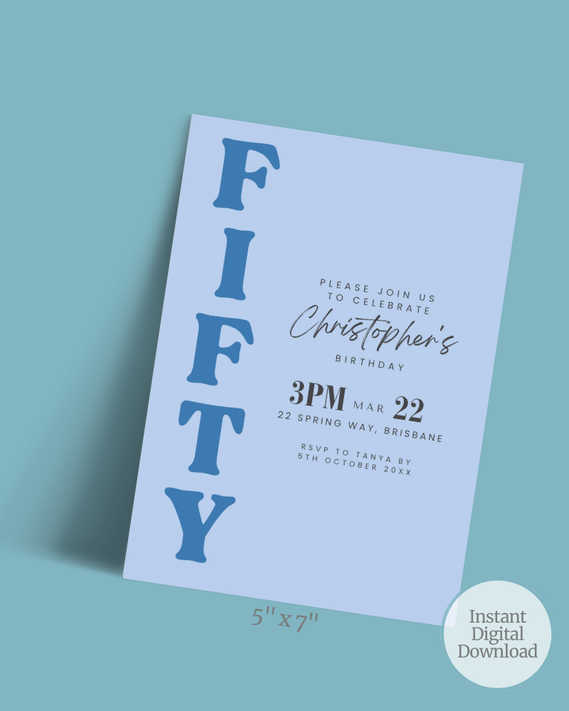 A light blue invitation featuring bold "FIFTY" text for Christopher's birthday celebration details.