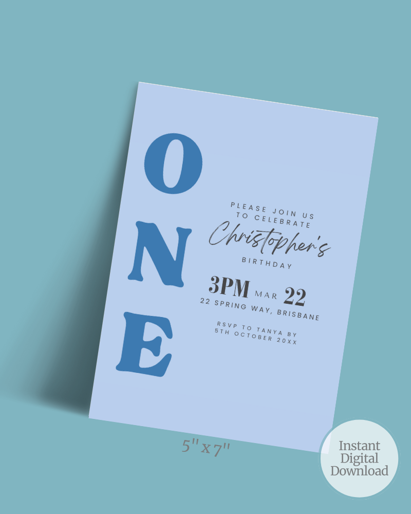 Invitation featuring bold blue text on a light blue background, celebrating Christopher's first birthday party details.