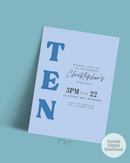 A light blue invitation featuring bold letters spelling "TEN" and details for Christopher's birthday celebration.