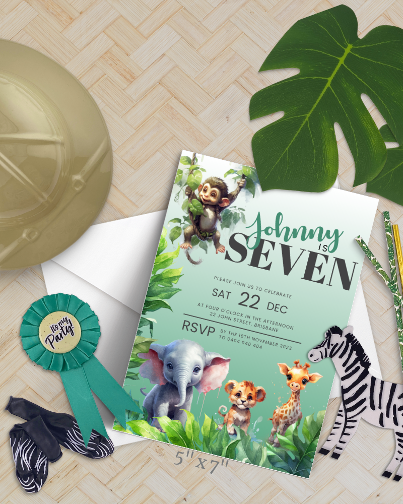 A vibrant jungle-themed invitation featuring playful animals and tropical leaves, celebrating a child's seventh birthday.