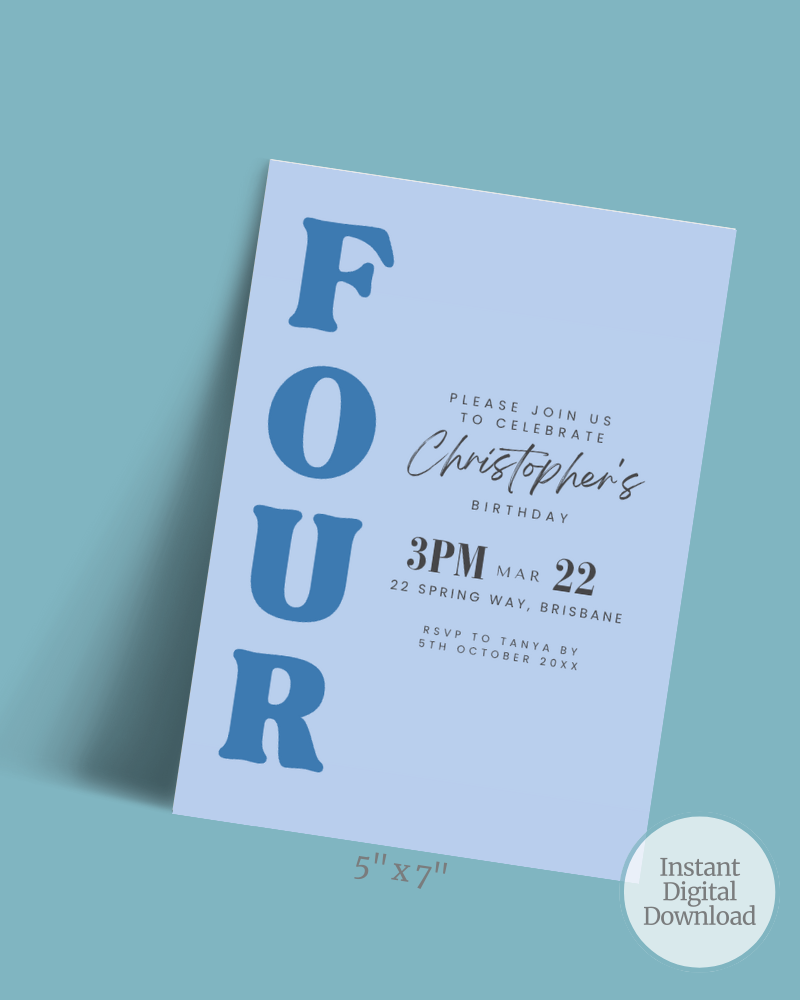 Invitation featuring bold blue "FOUR" text, details for a birthday celebration on a light blue background.