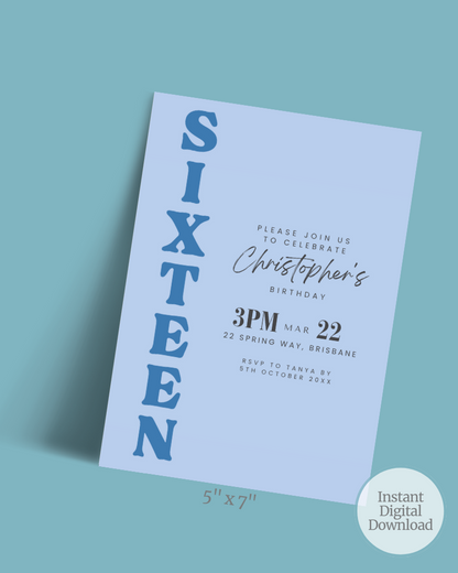 A bright blue invitation featuring large text for a birthday celebration, with RSVP details and location.