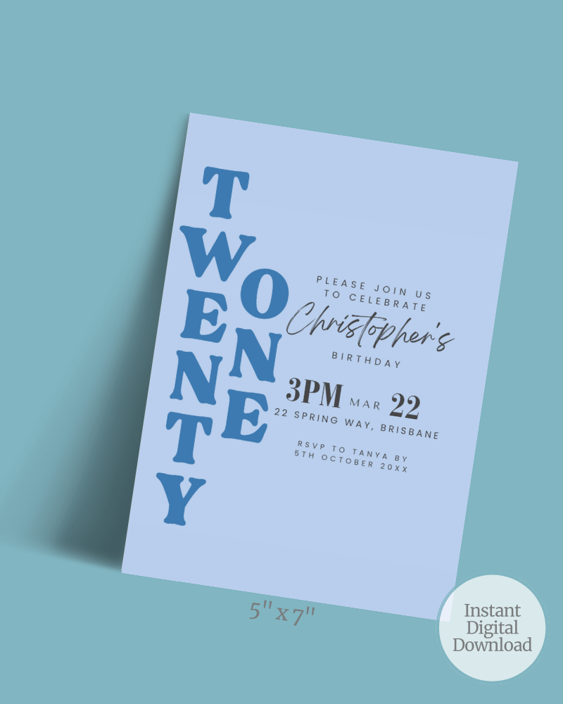 A birthday invitation featuring bold blue text on a light background, detailing the event and RSVP information.