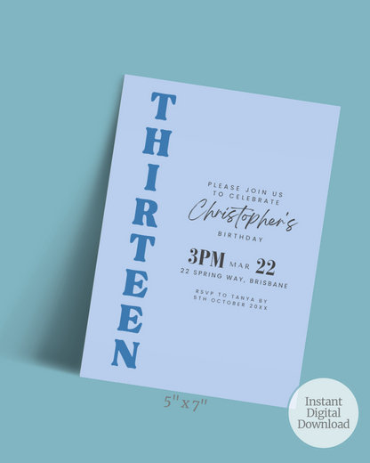 A light blue invitation featuring bold text celebrating Christopher's 13th birthday with RSVP details.