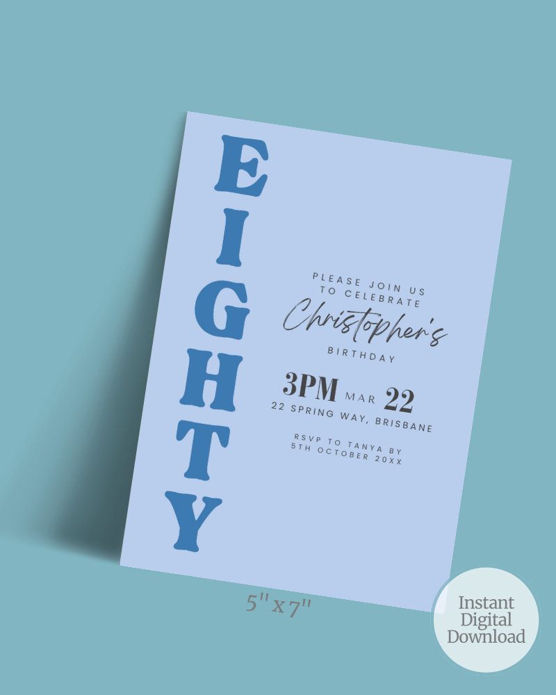 A light blue invitation featuring bold text for Christopher's 80th birthday celebration details.