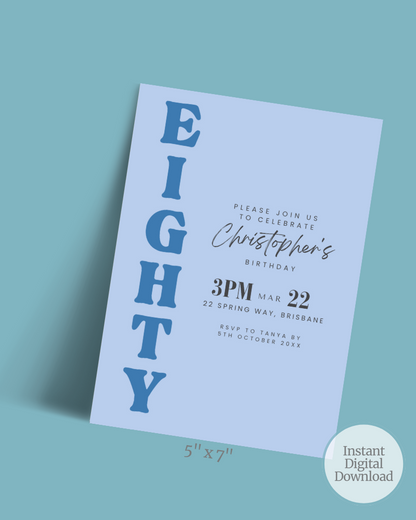 A light blue invitation featuring bold text for Christopher's 80th birthday celebration details.