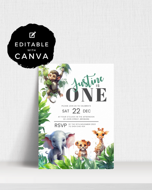 A colorful invitation featuring a monkey, elephant, lion, and giraffe among lush greenery, celebrating a first birthday.