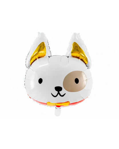 Whimsical balloon shaped like a dog with gold ears and a playful expression, featuring a red and yellow collar.