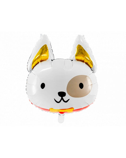 Whimsical balloon shaped like a dog with gold ears and a playful expression, featuring a red and yellow collar.